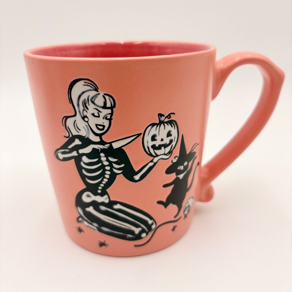 Johanna Parker Pink Halloween Skeleton Pinup Girl Ceramic Coffee Mug Retro MCM
